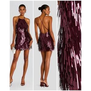 NWT $998 Retrofete ROMEE Sequin Burgundy Halter Cocktail Mini Dress Size Small